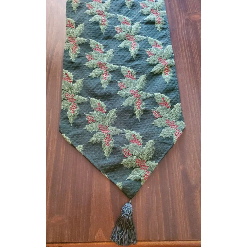 Table Runner Holly Tapestry Green Red Tassles 12